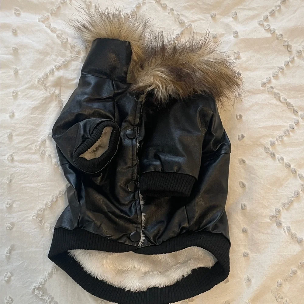 Black Faux Leather Dog Jacket with Fur Trim small dog XL new unworn